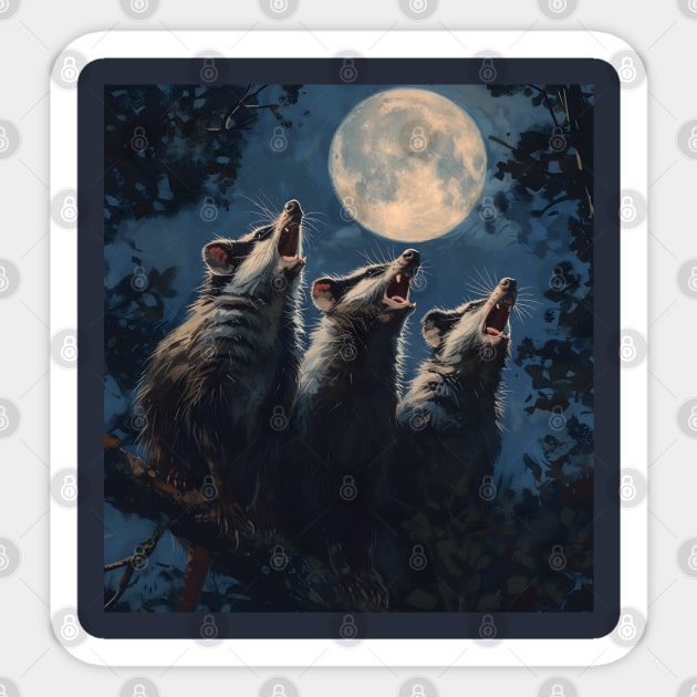 Funny Three Opposum Moon Howling At The Moon Pet Possum Sticker by RetroZin